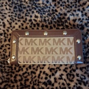 Michael Kors Brown and Tan MK Logo Zip Wallet with Gold Studs